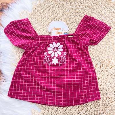  Conj. Batinha e Short Xadrez com Flores  - Bordô